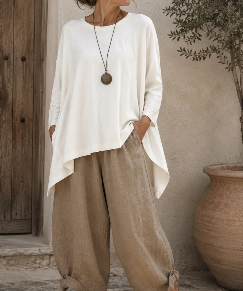 Eskandar Ivory Pima Cotton Oversized Top O/S Draped Asymmetric Hem Lagenlook